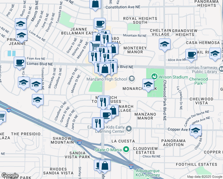 map of restaurants, bars, coffee shops, grocery stores, and more near 770 Juan Tabo Boulevard Northeast in Albuquerque