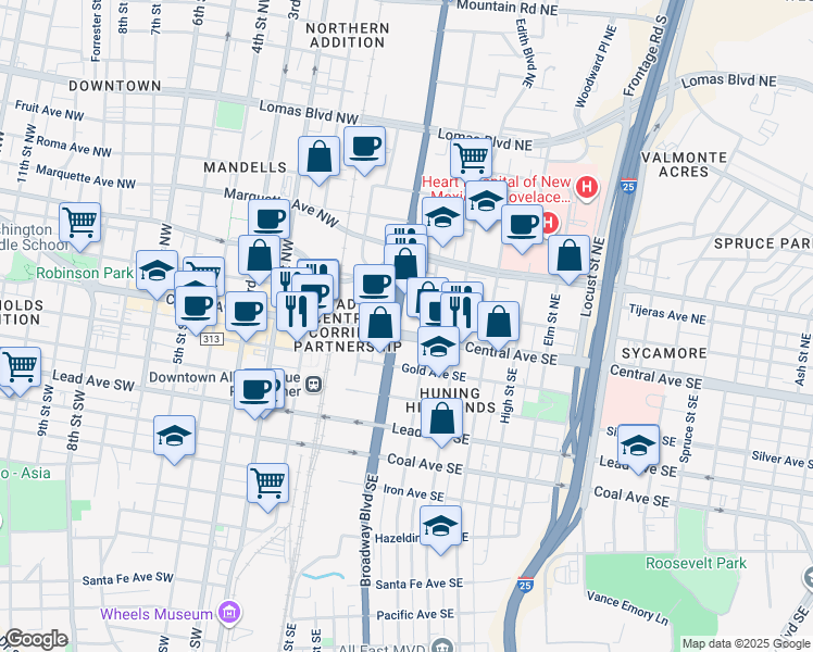map of restaurants, bars, coffee shops, grocery stores, and more near 301 Central Avenue Northeast in Albuquerque