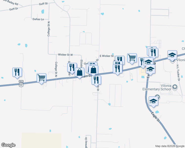 map of restaurants, bars, coffee shops, grocery stores, and more near 1105 Main Street in Vilonia