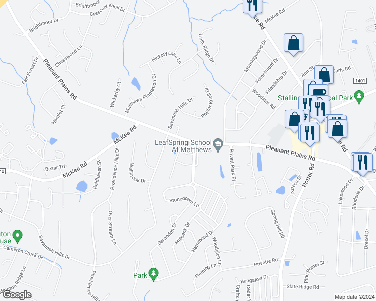 map of restaurants, bars, coffee shops, grocery stores, and more near 1210 Longwall Lane in Matthews