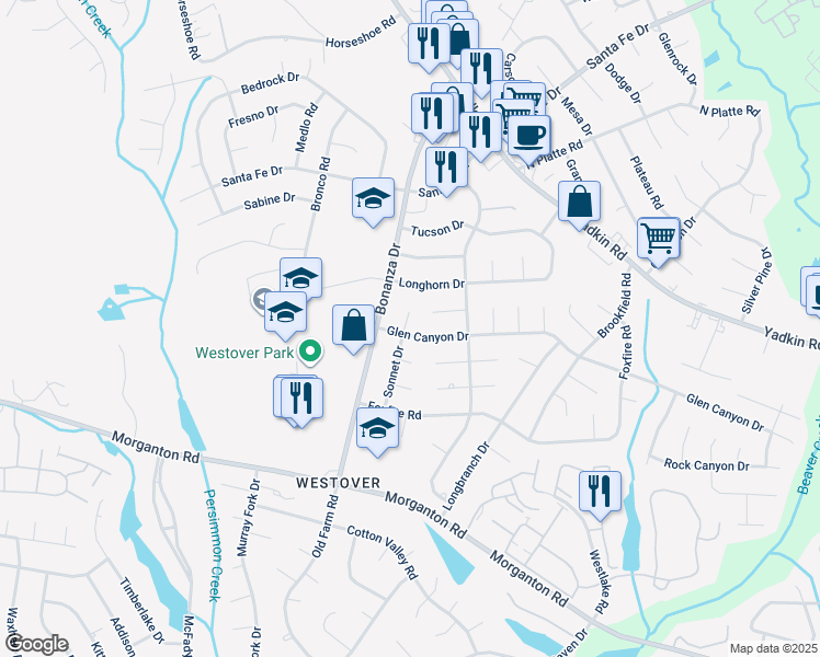 map of restaurants, bars, coffee shops, grocery stores, and more near 303 Glen Canyon Drive in Fayetteville