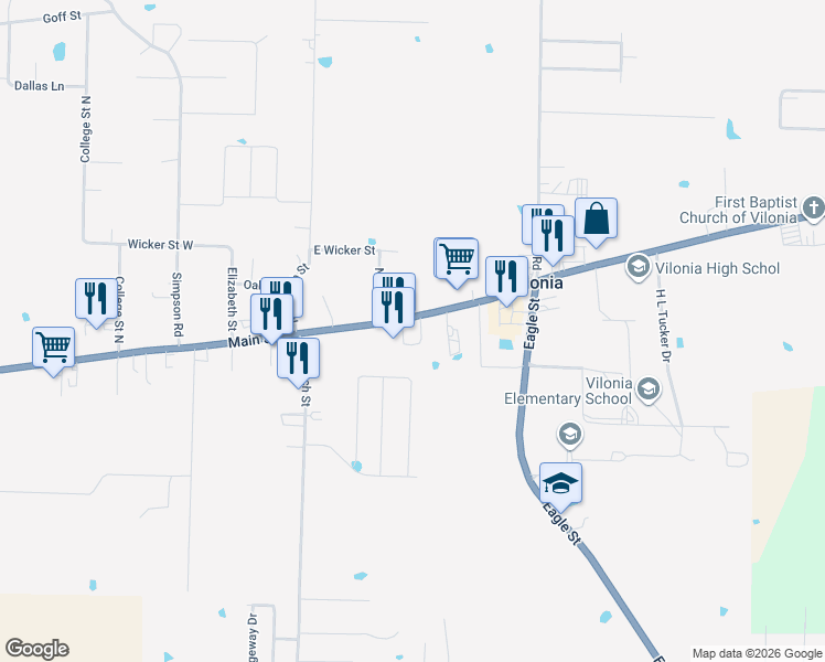 map of restaurants, bars, coffee shops, grocery stores, and more near 1112 Main Street in Vilonia