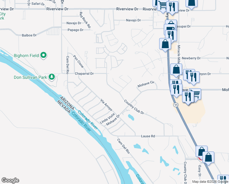 map of restaurants, bars, coffee shops, grocery stores, and more near 2549 Country Club Drive in Bullhead City