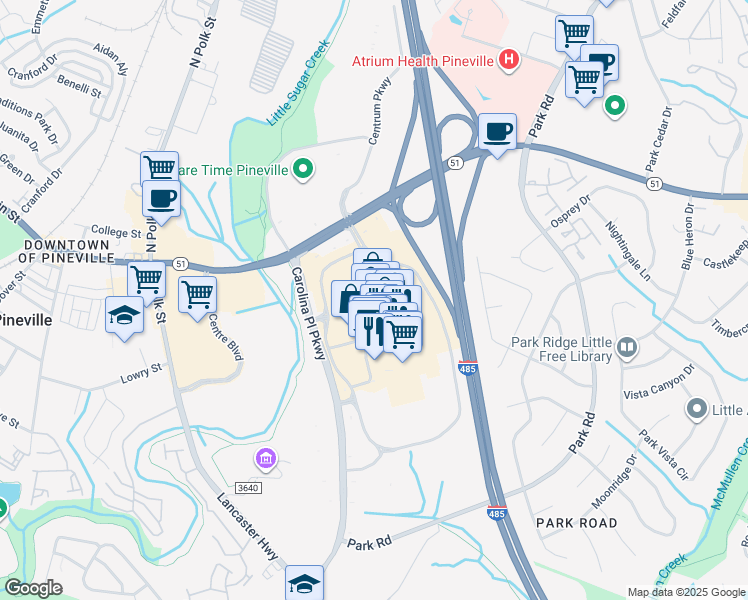 map of restaurants, bars, coffee shops, grocery stores, and more near 11009 Carolina Place Parkway in Pineville