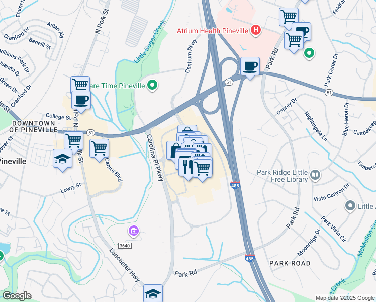 map of restaurants, bars, coffee shops, grocery stores, and more near 11009 Carolina Place Parkway in Pineville