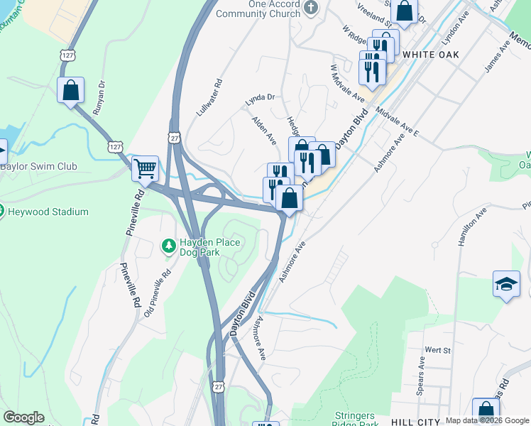 map of restaurants, bars, coffee shops, grocery stores, and more near 1747 Dayton Boulevard in Chattanooga