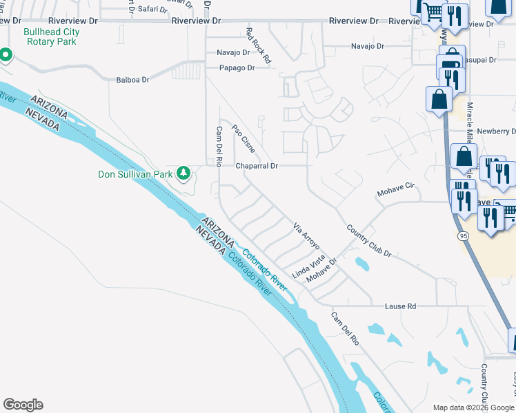 map of restaurants, bars, coffee shops, grocery stores, and more near 1130 Avenida De Las Estrellas Drive in Bullhead City