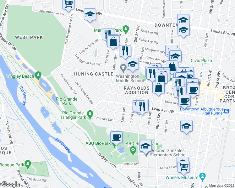 map of restaurants, bars, coffee shops, grocery stores, and more near Silver Ave SW & 13th St SW in Albuquerque