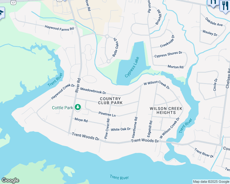 map of restaurants, bars, coffee shops, grocery stores, and more near 5124 Meadowbrook Drive in Trent Woods