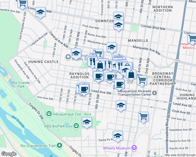 map of restaurants, bars, coffee shops, grocery stores, and more near 802 Gold Avenue Southwest in Albuquerque
