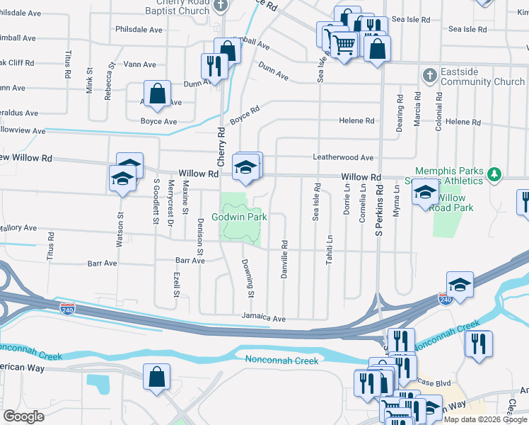map of restaurants, bars, coffee shops, grocery stores, and more near 1767 Dearing Road in Memphis