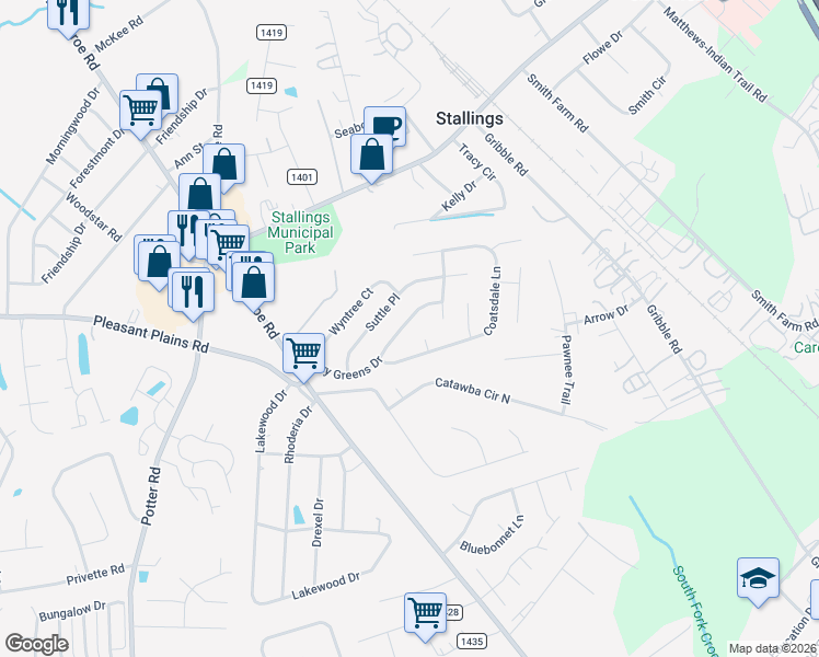 map of restaurants, bars, coffee shops, grocery stores, and more near 6001 Heison Court in Matthews