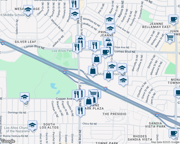 map of restaurants, bars, coffee shops, grocery stores, and more near 25 Hotel Circle Northeast in Albuquerque