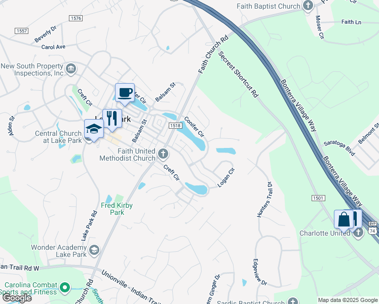 map of restaurants, bars, coffee shops, grocery stores, and more near 5304 Fennell Street in Indian Trail