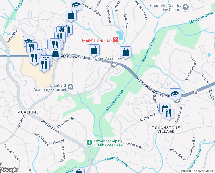 map of restaurants, bars, coffee shops, grocery stores, and more near 6825 Poppy Hills Lane in Charlotte