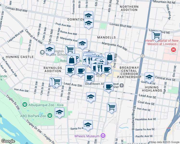 map of restaurants, bars, coffee shops, grocery stores, and more near 517 Gold Avenue Southwest in Albuquerque