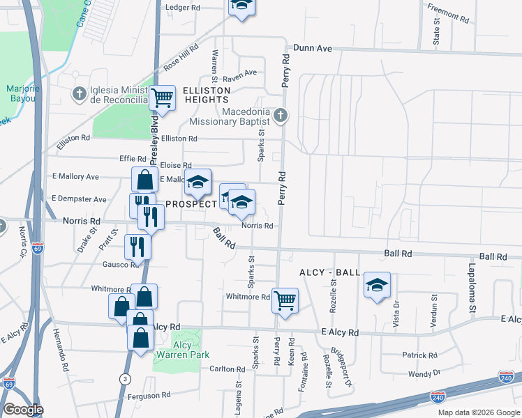 map of restaurants, bars, coffee shops, grocery stores, and more near 1533 East Dempster Avenue in Memphis