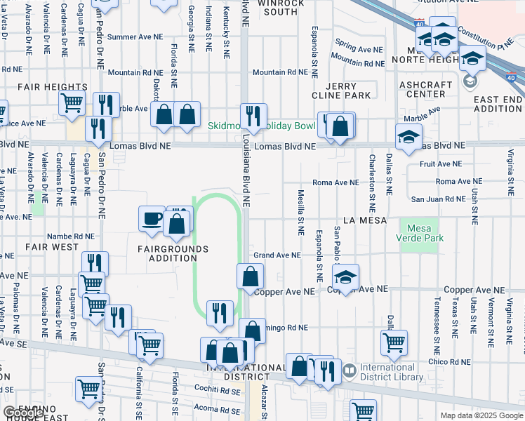 map of restaurants, bars, coffee shops, grocery stores, and more near 500 Louisiana Boulevard Northeast in Albuquerque