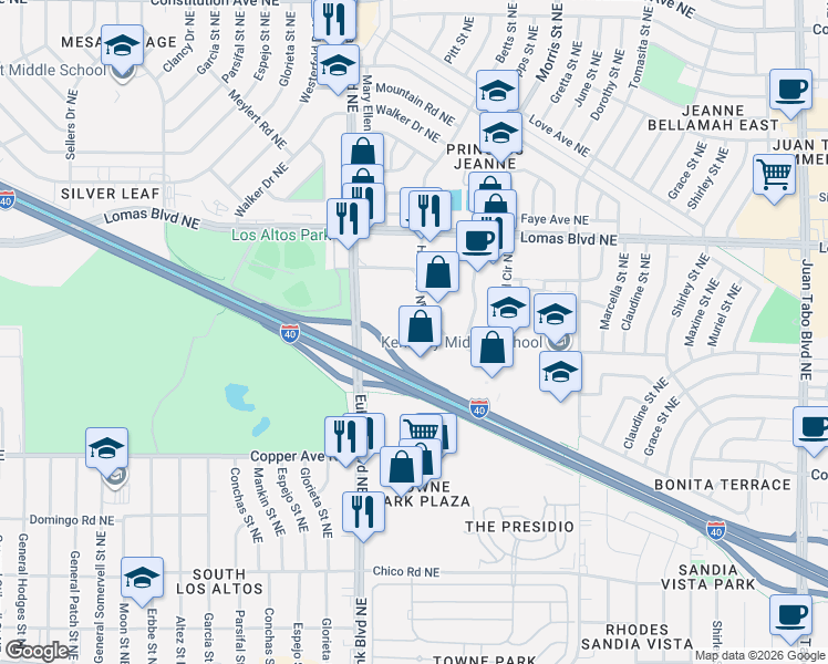 map of restaurants, bars, coffee shops, grocery stores, and more near 25 Hotel Circle Northeast in Albuquerque