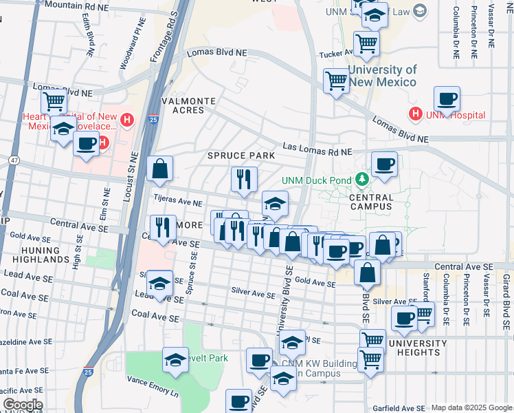 map of restaurants, bars, coffee shops, grocery stores, and more near 1516 Tijeras Avenue Northeast in Albuquerque
