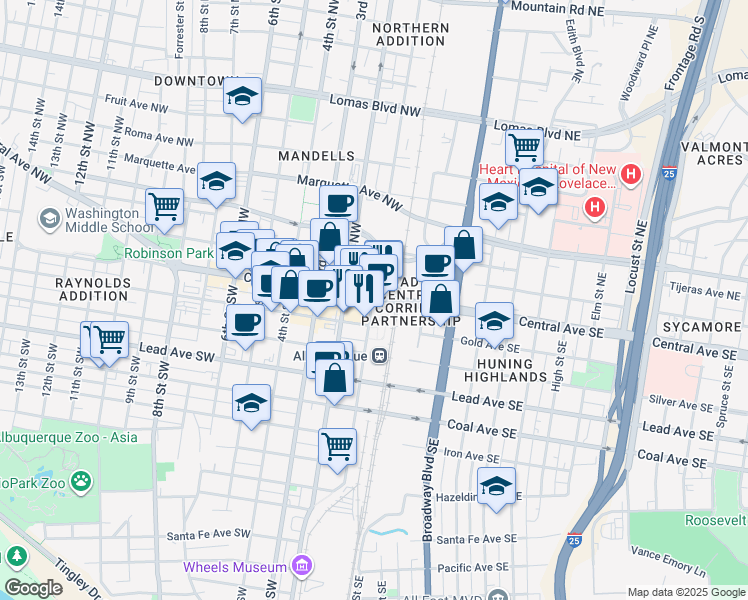 map of restaurants, bars, coffee shops, grocery stores, and more near in Albuquerque