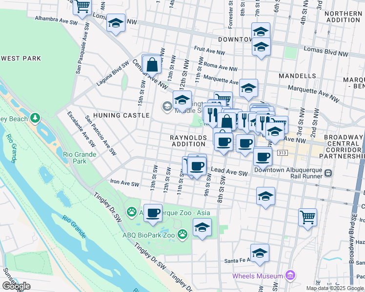 map of restaurants, bars, coffee shops, grocery stores, and more near 403 11th Street Southwest in Albuquerque