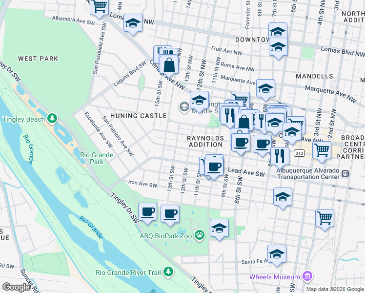 map of restaurants, bars, coffee shops, grocery stores, and more near 1204 Silver Avenue Southwest in Albuquerque