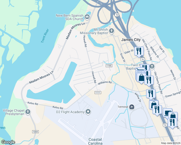 map of restaurants, bars, coffee shops, grocery stores, and more near 800 Howell Rd in New Bern