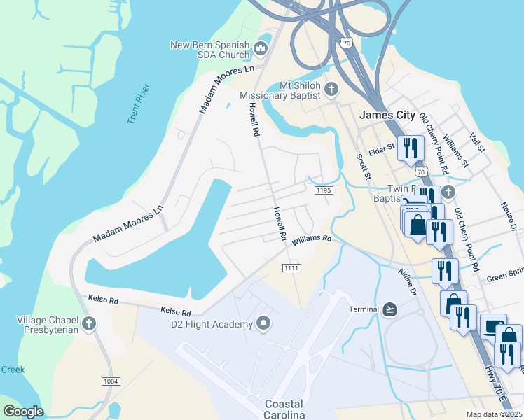 map of restaurants, bars, coffee shops, grocery stores, and more near 1 Howell Road in New Bern