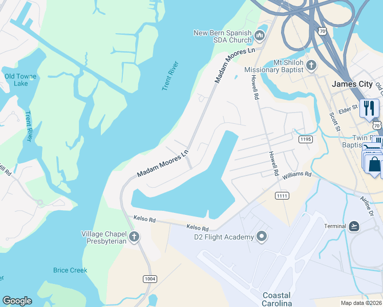 map of restaurants, bars, coffee shops, grocery stores, and more near 591 Madam Moores Lane in New Bern