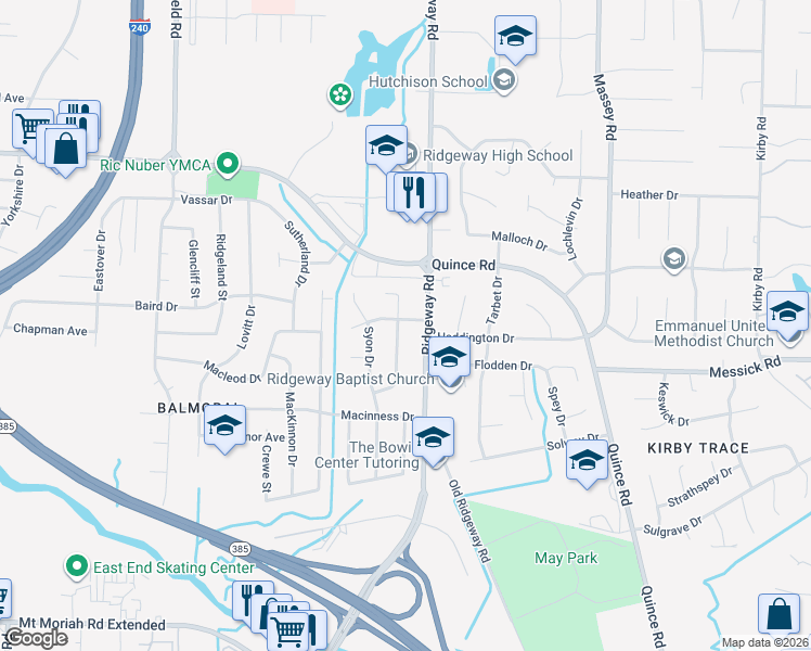 map of restaurants, bars, coffee shops, grocery stores, and more near 2399 Ridgeway Road in Memphis
