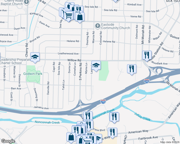 map of restaurants, bars, coffee shops, grocery stores, and more near 1757 Lanier Lane in Memphis