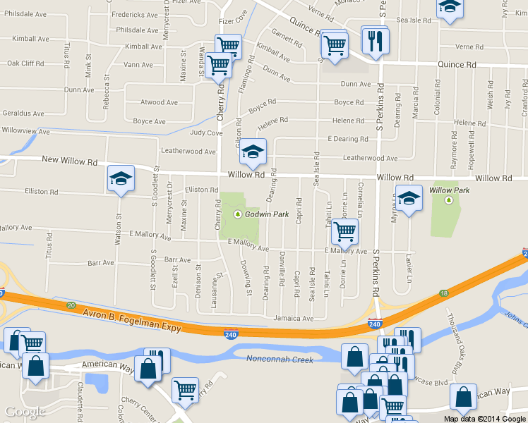 map of restaurants, bars, coffee shops, grocery stores, and more near 1767 Dearing Road in Memphis