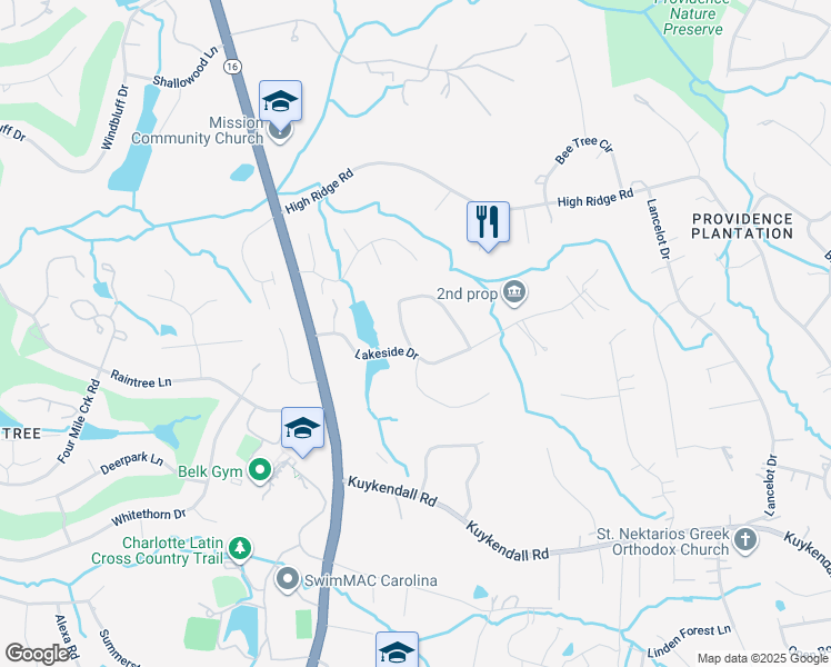 map of restaurants, bars, coffee shops, grocery stores, and more near 9141 Alpine Circle in Charlotte