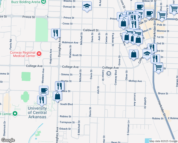 map of restaurants, bars, coffee shops, grocery stores, and more near 1722 Simms Street in Conway