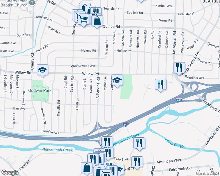 map of restaurants, bars, coffee shops, grocery stores, and more near 1757 Lanier Lane in Memphis