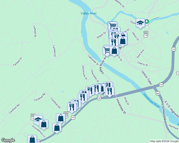 map of restaurants, bars, coffee shops, grocery stores, and more near 82 Cherokee Street in Murphy