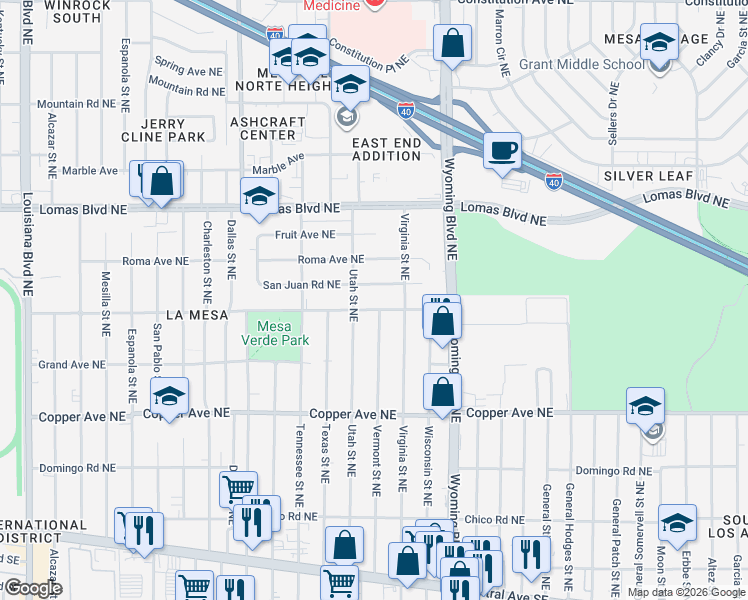 map of restaurants, bars, coffee shops, grocery stores, and more near 8308 Marquette Avenue Northeast in Albuquerque