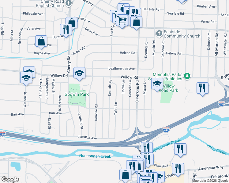 map of restaurants, bars, coffee shops, grocery stores, and more near 1762 Tahiti Lane in Memphis