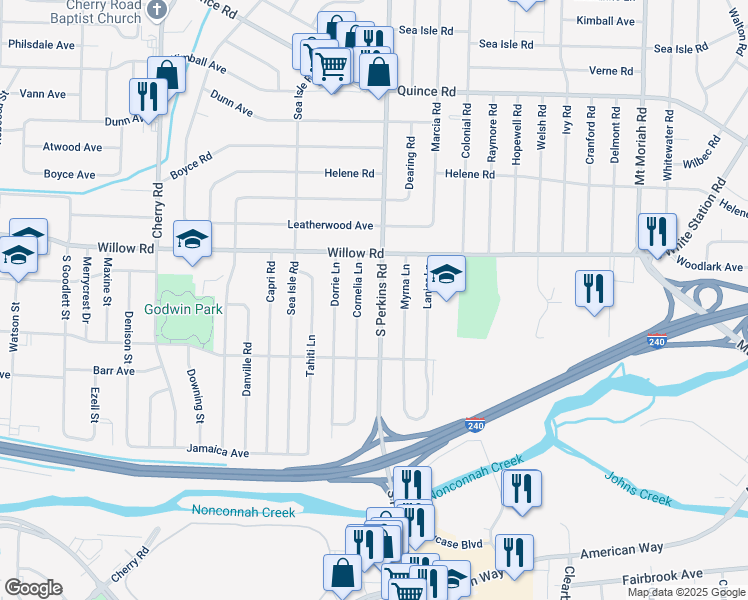 map of restaurants, bars, coffee shops, grocery stores, and more near 1743 South Perkins Road in Memphis