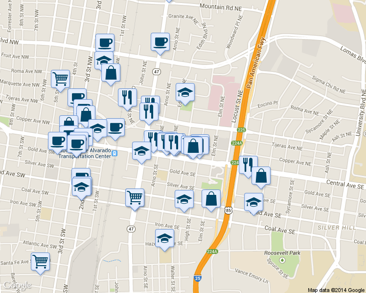 map of restaurants, bars, coffee shops, grocery stores, and more near 123 Walter Street Northeast in Albuquerque