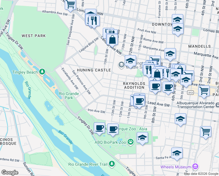 map of restaurants, bars, coffee shops, grocery stores, and more near Silver Ave SW & 14th St SW in Albuquerque
