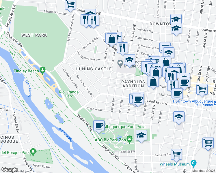 map of restaurants, bars, coffee shops, grocery stores, and more near 1404 Silver Avenue Southwest in Albuquerque