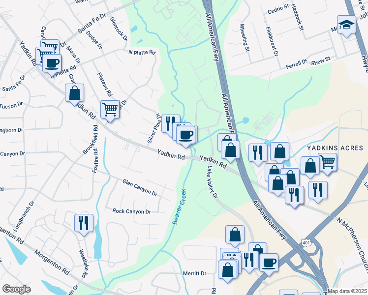 map of restaurants, bars, coffee shops, grocery stores, and more near 5052 Yadkin Road in Fayetteville