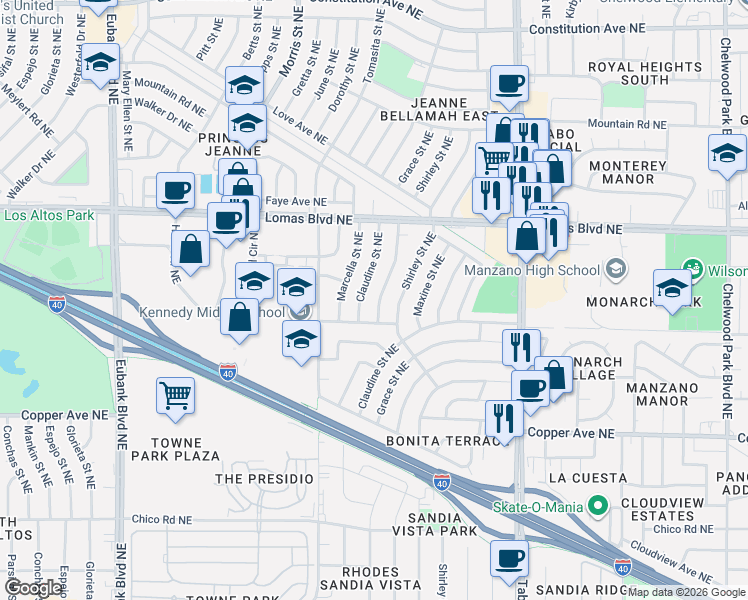 map of restaurants, bars, coffee shops, grocery stores, and more near 700 Grace Street Northeast in Albuquerque