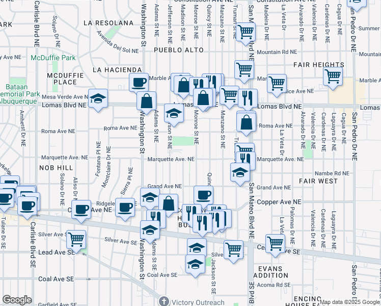 map of restaurants, bars, coffee shops, grocery stores, and more near 4806 Marquette Avenue Northeast in Albuquerque