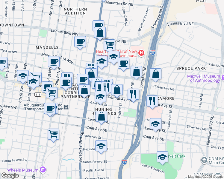 map of restaurants, bars, coffee shops, grocery stores, and more near in Albuquerque