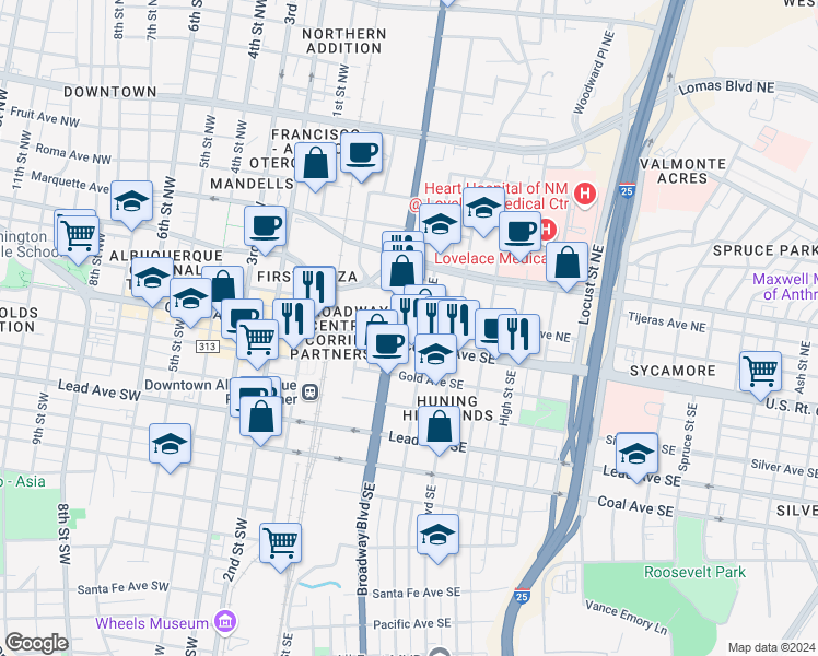 map of restaurants, bars, coffee shops, grocery stores, and more near 310 Central Avenue Southeast in Albuquerque