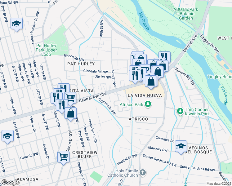 map of restaurants, bars, coffee shops, grocery stores, and more near 123 47th Street Southwest in Albuquerque