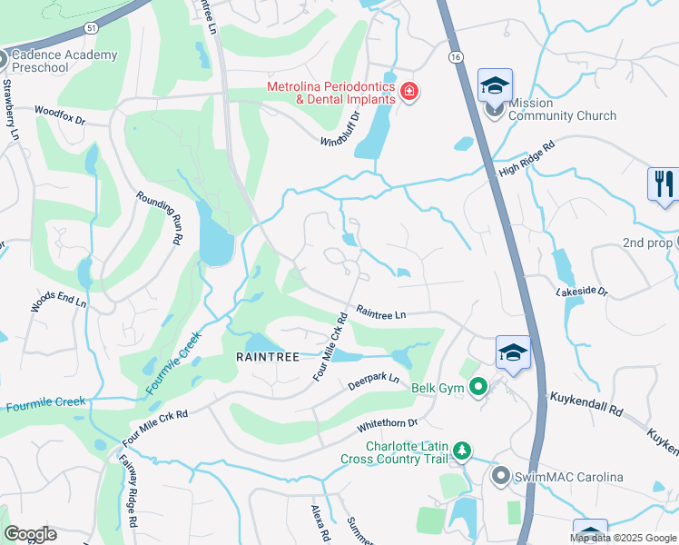 map of restaurants, bars, coffee shops, grocery stores, and more near 9021 Raintree Lane in Charlotte